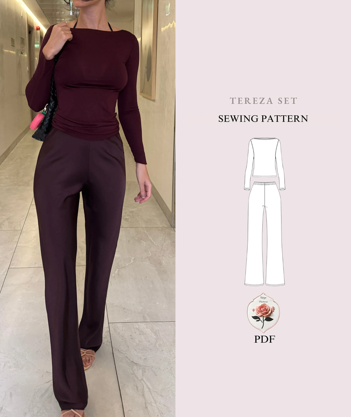 Tereza Set |Two Piece Loungewear Pattern | Long Sleeve Boat Neck Top & Elastic Waist Bias Pants | Beginner Friendly | Sizes XXS–2XL | PDF Download