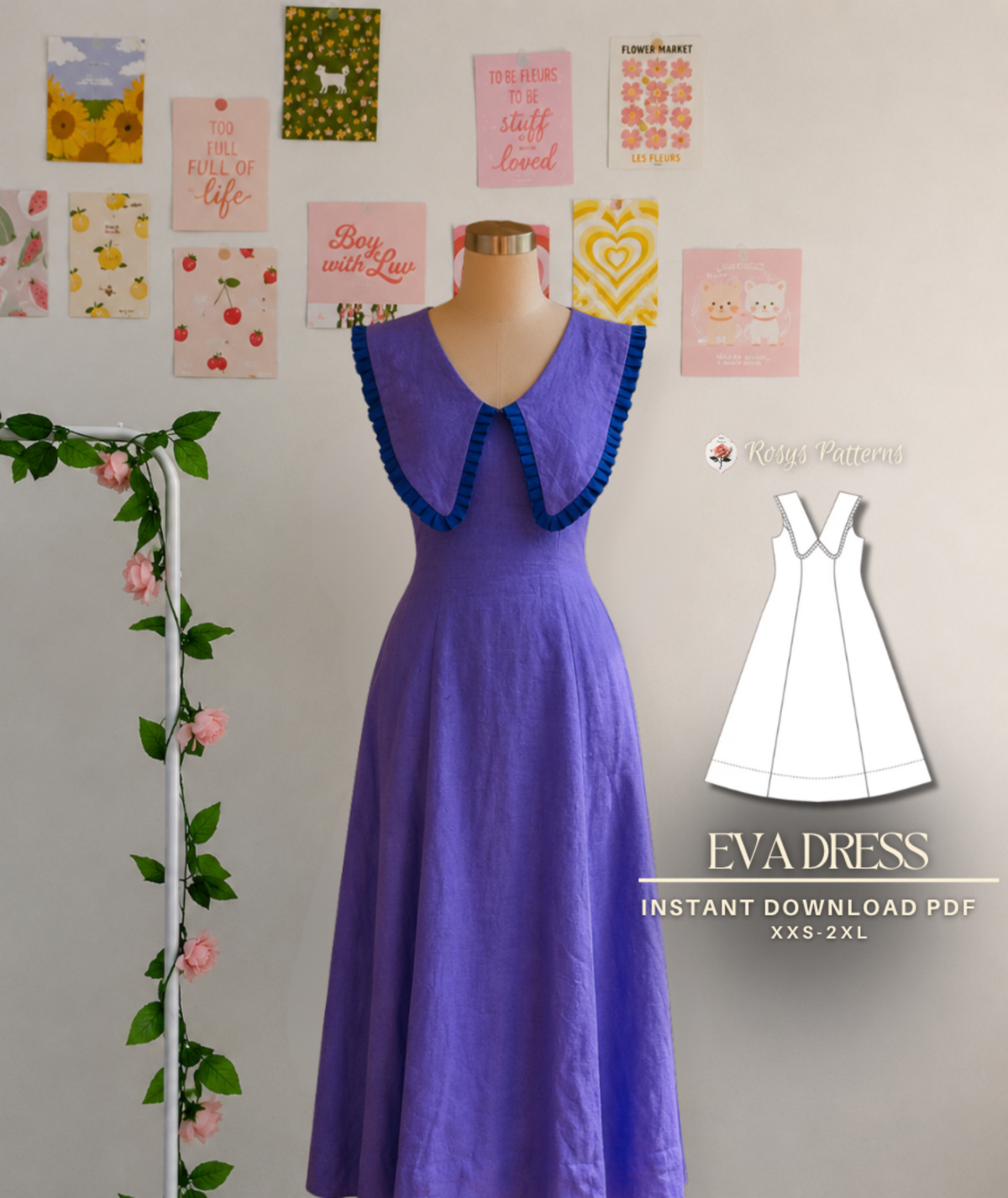30's Vintage Midi Dress with Big Collars Easy Sewing Pattern