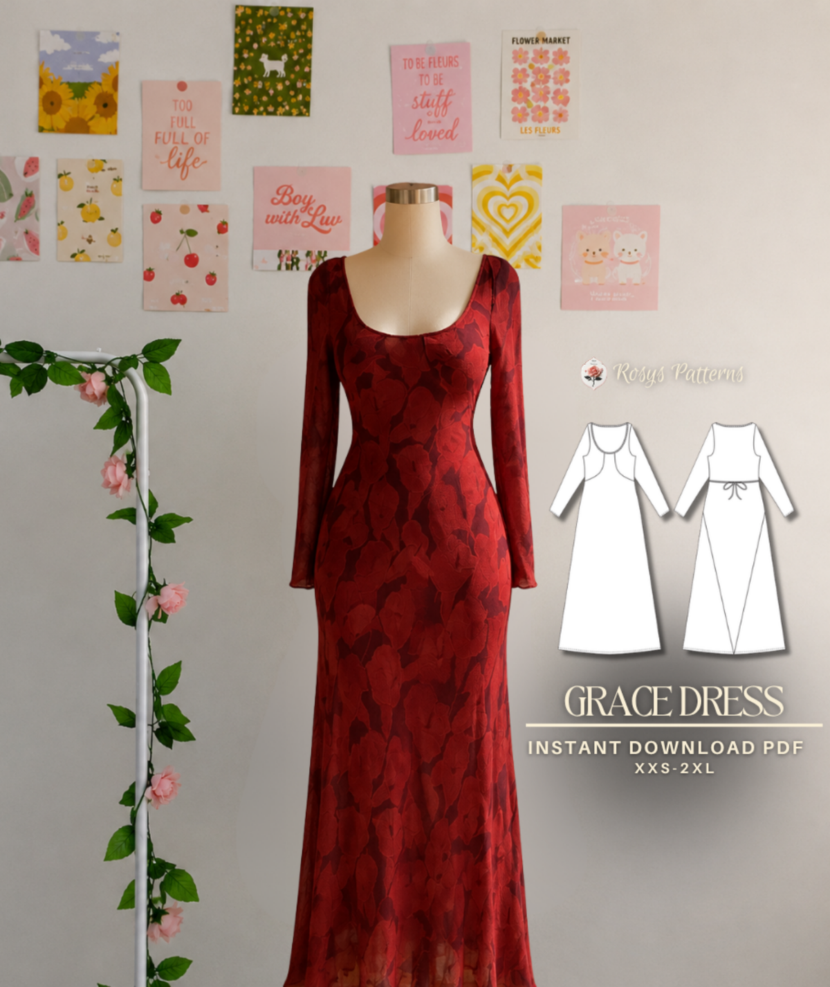 Bias Cut Maxi Dress Sewing Pattern | Sizes XXS–2XL | Long Sleeve Elegant Dress | Instant PDF Download