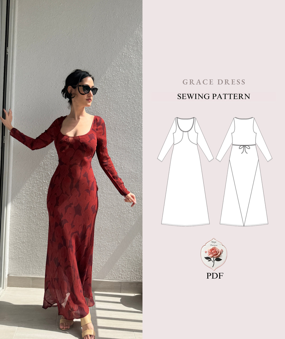 Bias Cut Maxi Dress Sewing Pattern | Sizes XXS–2XL | Long Sleeve Elegant Dress | Instant PDF Download
