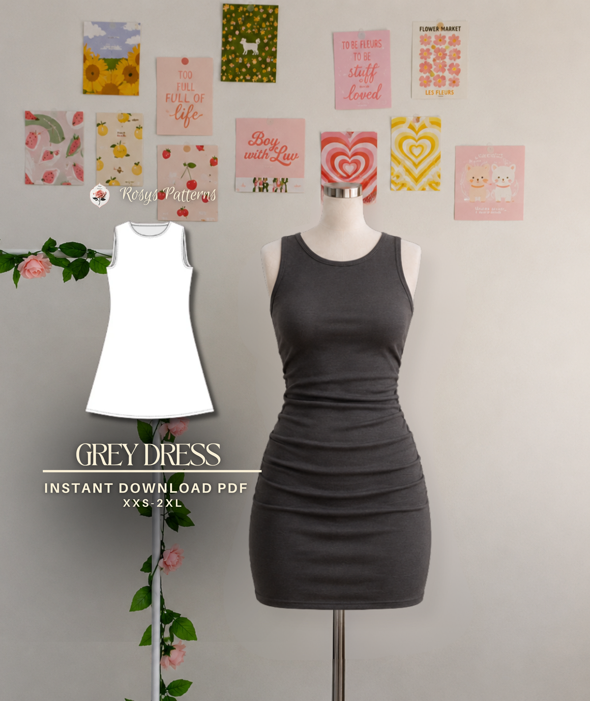 Carrie Bradshaw SATC Mini Grey Dress Beginner Sewing Pattern PDF