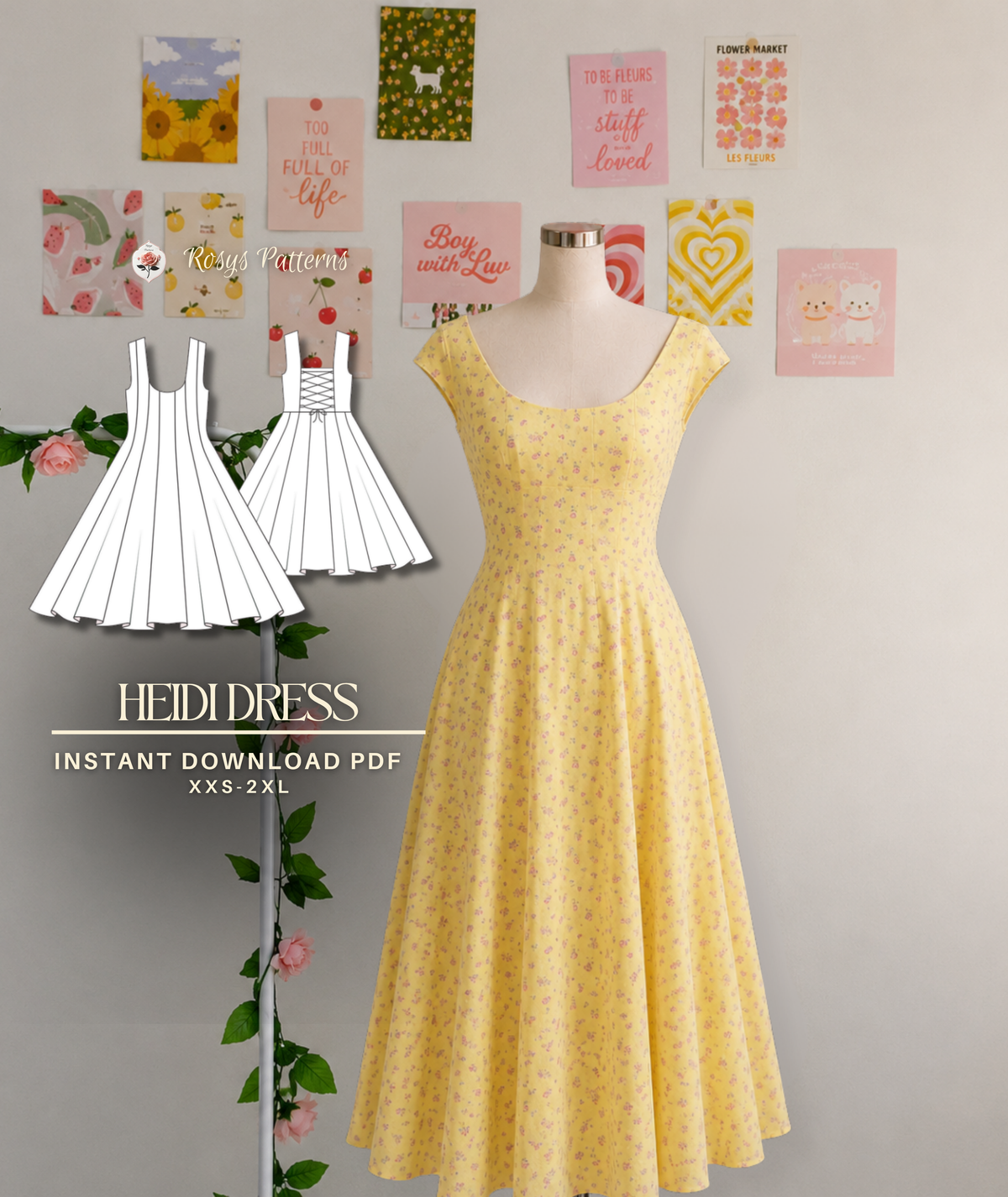cottagecore dress sewing pattern Heidi | Sizes XXS–2XL Summer dress Sizes:XS (UK Size 6) category:DRESSES:COCKTAIL-DRESSES Catherine Malandrino Blue Knit the Hughes Dress