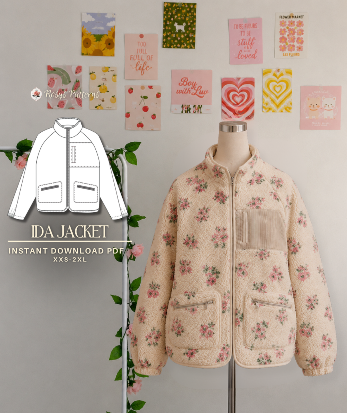 Ida Jacket | Fleece Teddy Jacket Sewing Pattern | Sizes XXS–2XL | Beginner Zip-Up Fleece Jacket | Raglan Sleeve Outerwear | Instant PDF Download