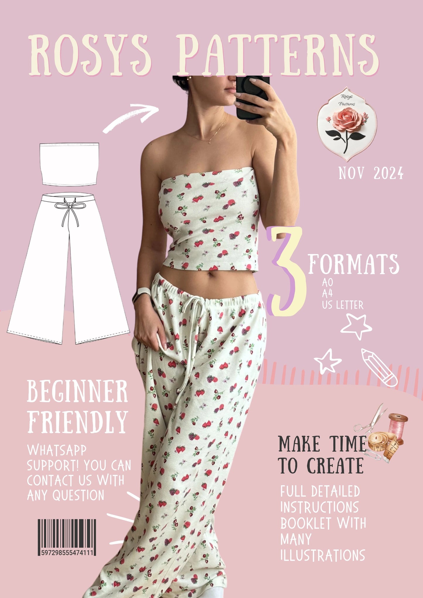 Womens Pajama Set Beginner PDF Sewing Pattern Wide Leg Pants and Strapless Top