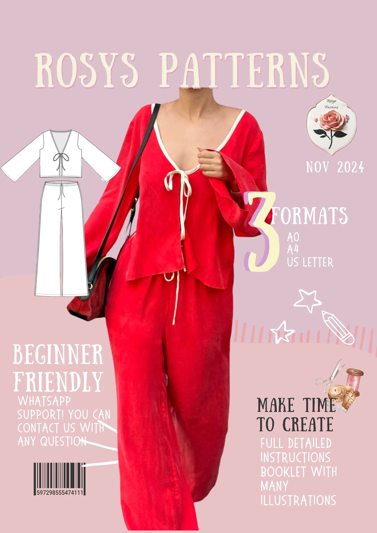 Tie Front Shirt + Wide Leg Pants PDF Sewing Pattern Loungewear