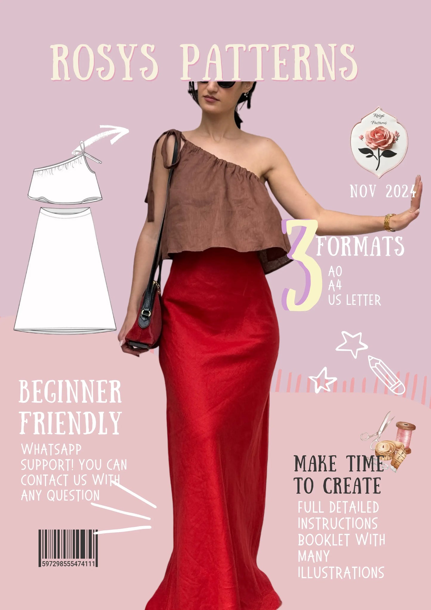 One Shoulder Crop Top and Maxi Skirt Beginner Sewing Pattern