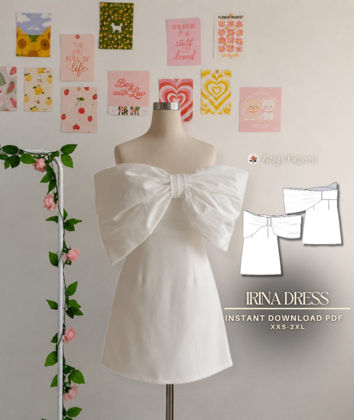 Off Shoulder Bow Mini Dress Pattern | A-Line Party Dress | Sizes XXS–2XL | Instant PDF Download