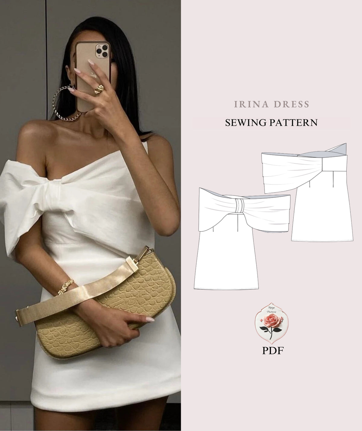 Off Shoulder Bow Mini Dress Pattern | A-Line Party Dress | Sizes XXS–2XL | Instant PDF Download