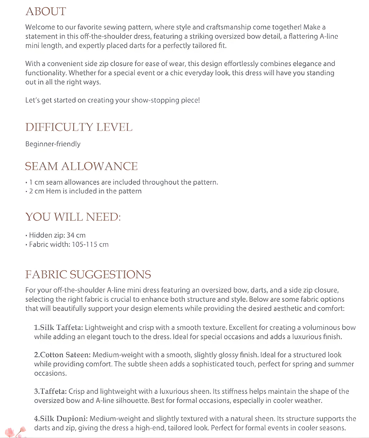 Off Shoulder Bow Mini Dress Pattern | A-Line Party Dress | Sizes XXS–2XL | Instant PDF Download