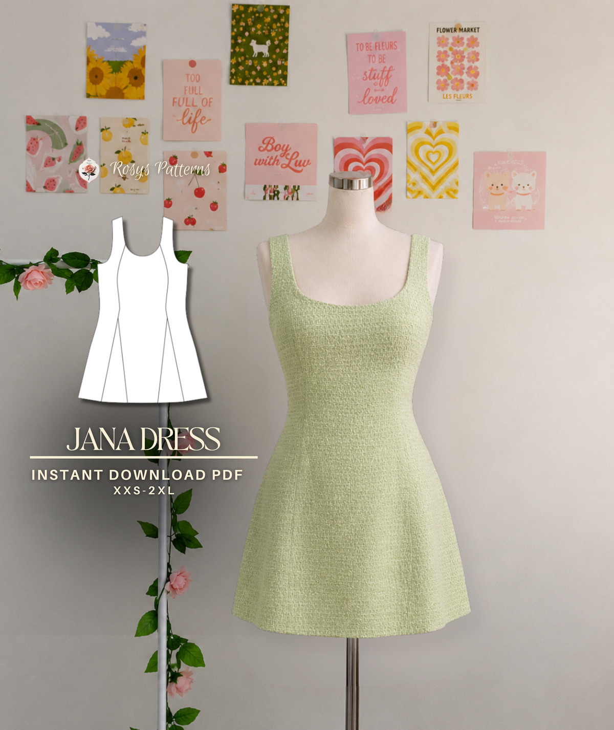 Jana Dress Sewing Pattern | Princess Seam Mini Dress Pattern | Fully Lined A-Line Dress with Scoop Neck | Beginner Friendly | Sizes XXS–2XL | Instant PDF Download