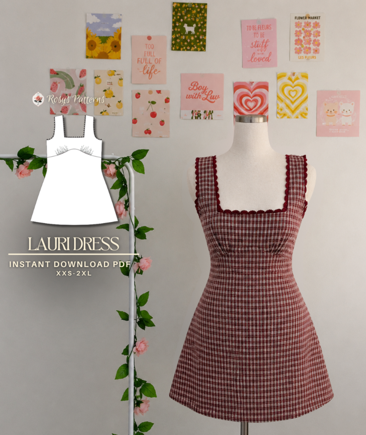 Lauri Dress | Square Neck Mini Dress | Gathered Bodice Lace Trim | Beginner Friendly | Sizes XXS–2XL | Instant PDF Download