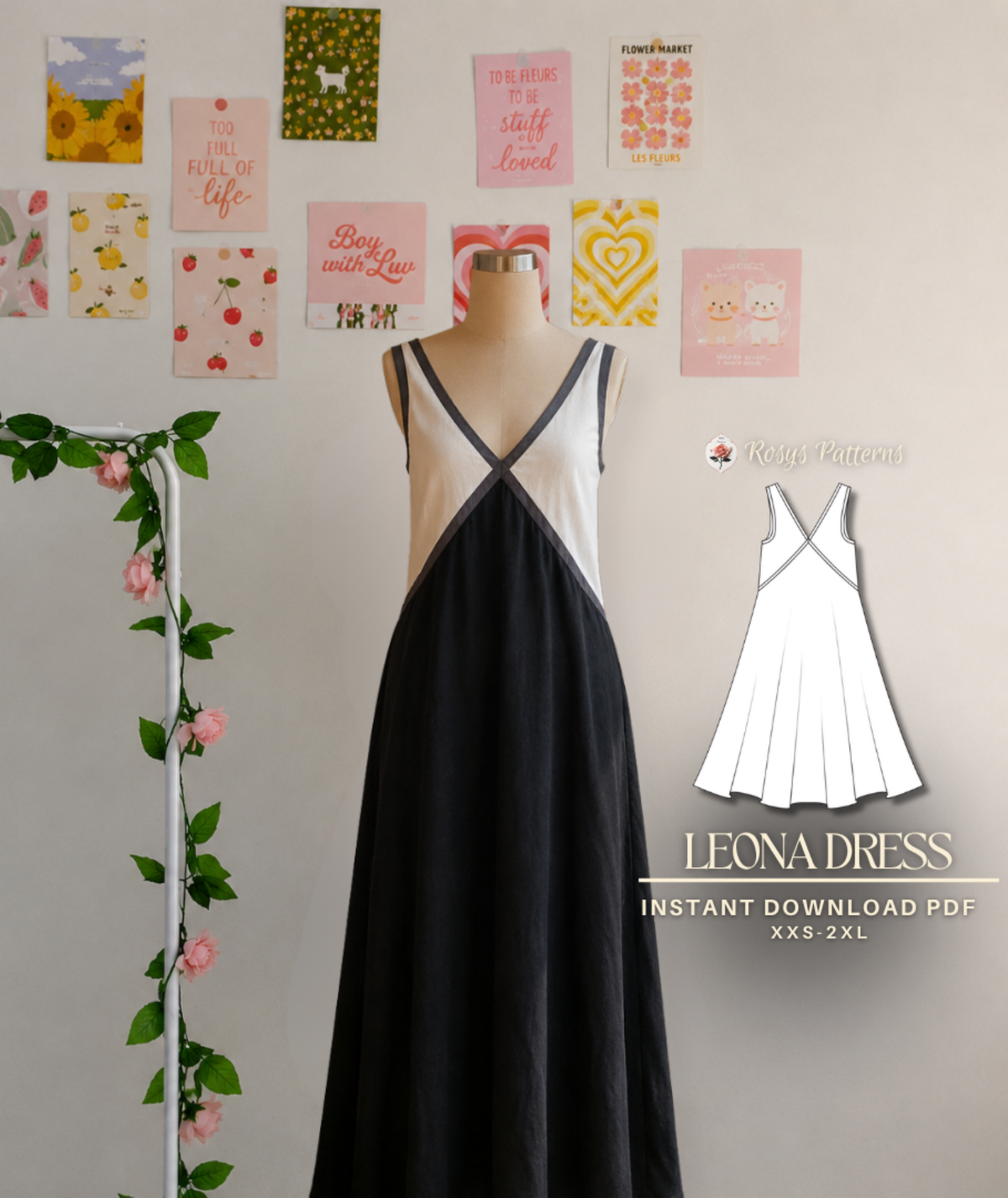 Maxi V-Neck Dress Sewing Pattern Instant Download PDF Pattern