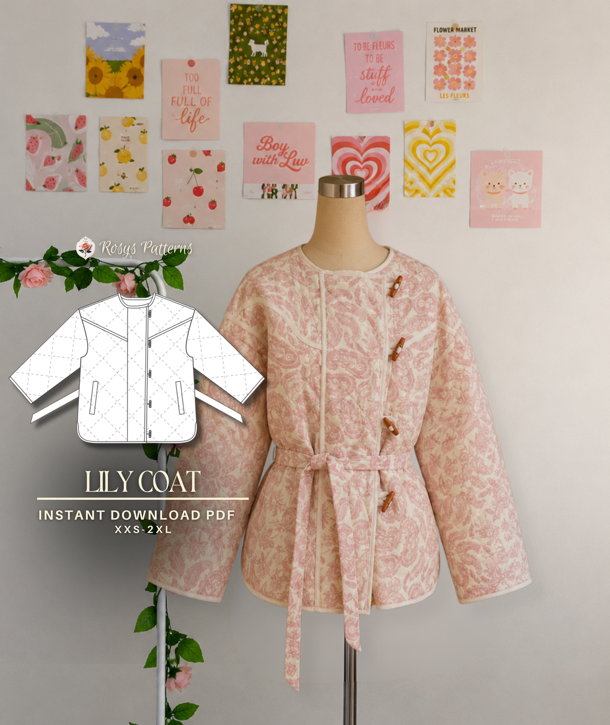 Belted Quilted Jacket Beginner Sewing Pattern Coat pdf XXS-XXL
