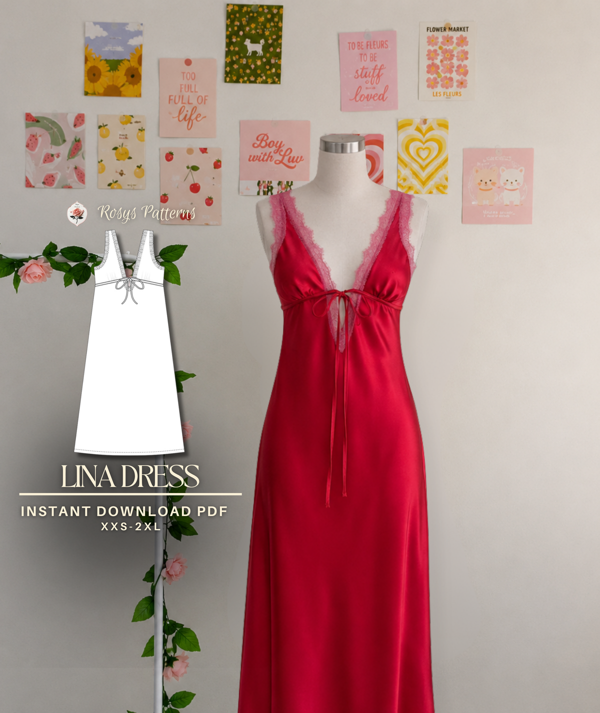 Vintage Lingerie Maxi Bias Dress Pdf Sewing Pattern XXS-XXL