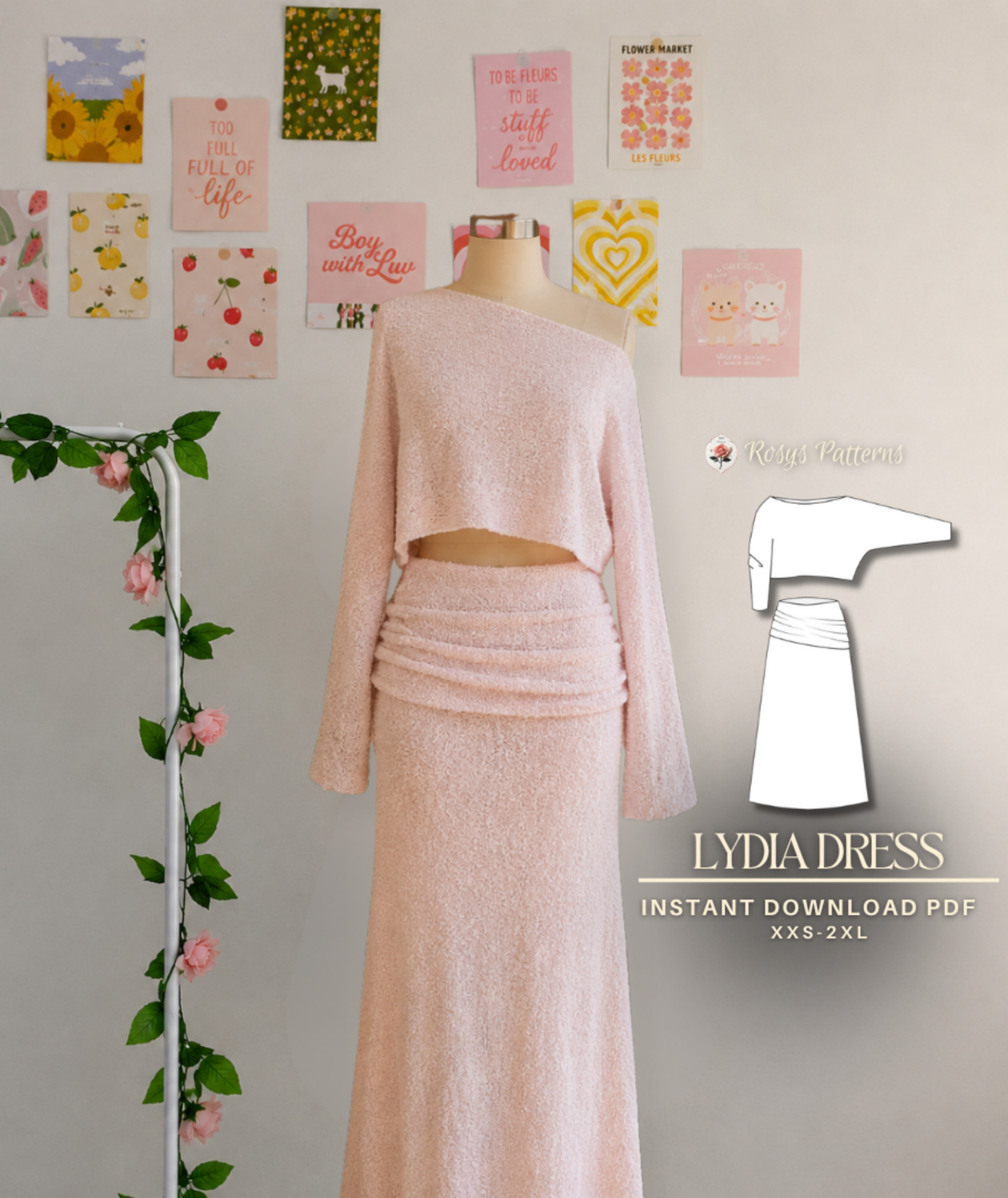 Knit Oversize Long Sleeve Crop Top & Ruched Maxi Skirt Beginner Sewing Pattern PDF