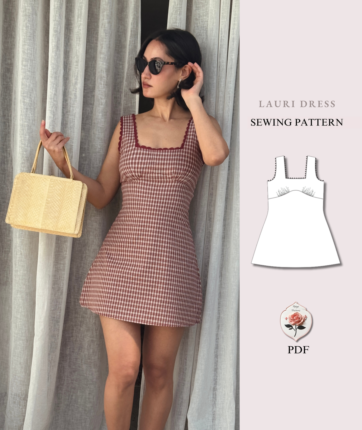 Lauri Dress | Square Neck Mini Dress | Gathered Bodice Lace Trim | Beginner Friendly | Sizes XXS–2XL | Instant PDF Download