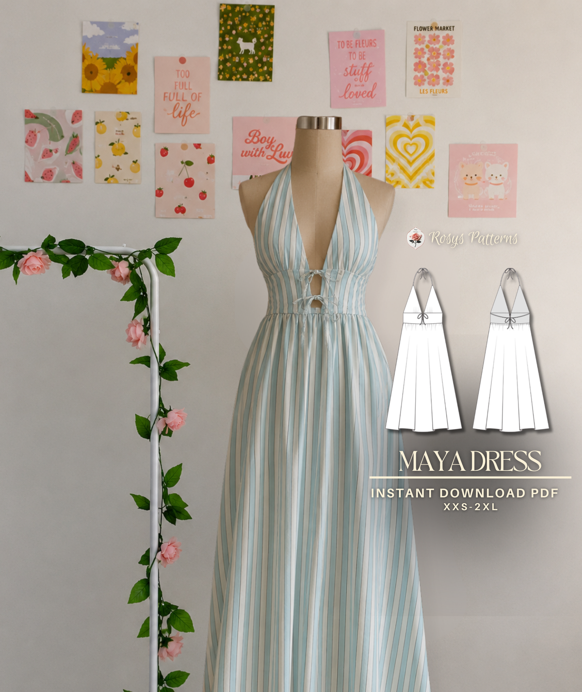Open Back Halter Dress Beginner Sewing Pattern PDF
