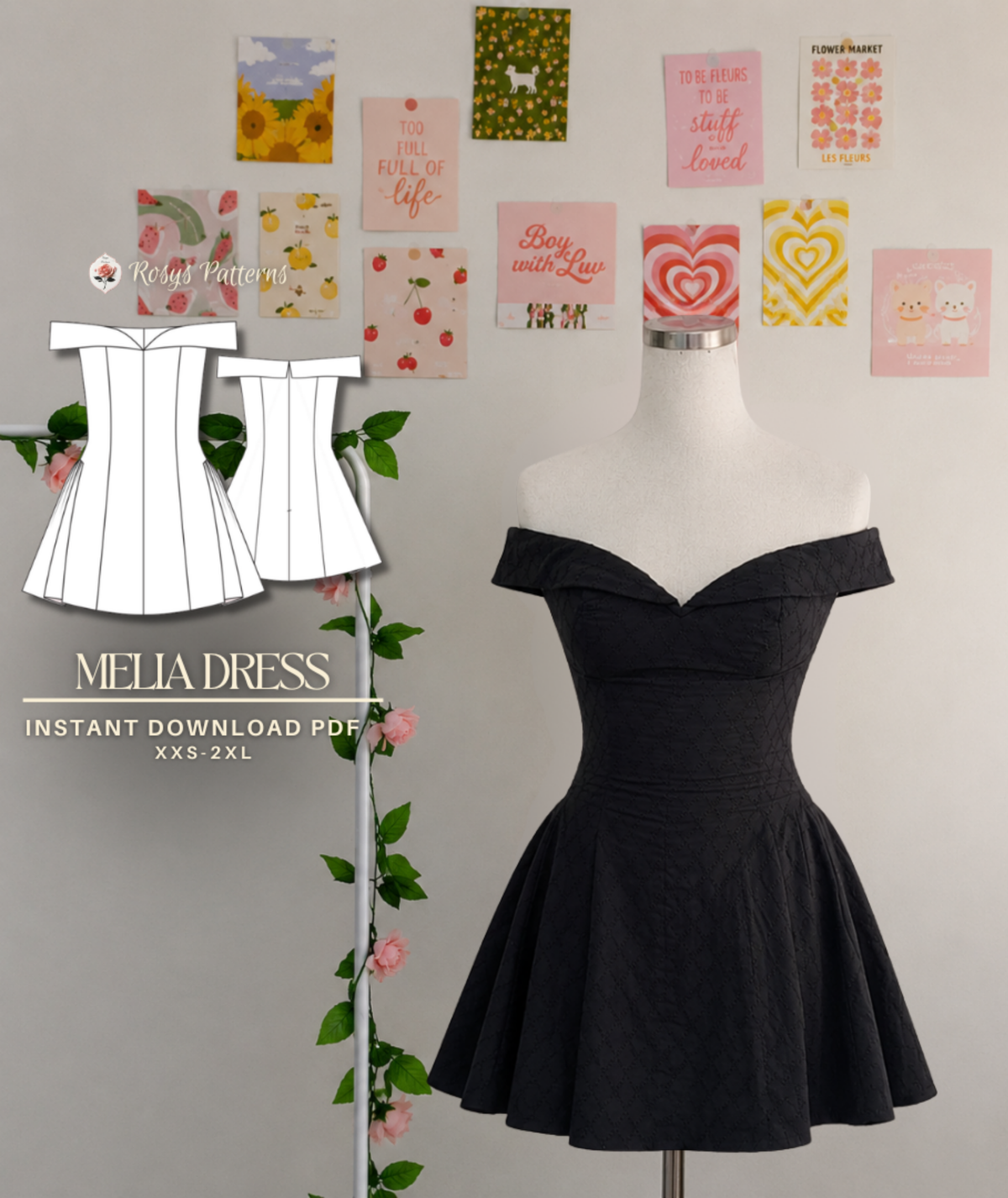 Off-Shoulder Mini Dress Sewing Pattern | Sizes XXS–2XL | Sweetheart Neckline Fit & Flare Dress | Instant PDF Download