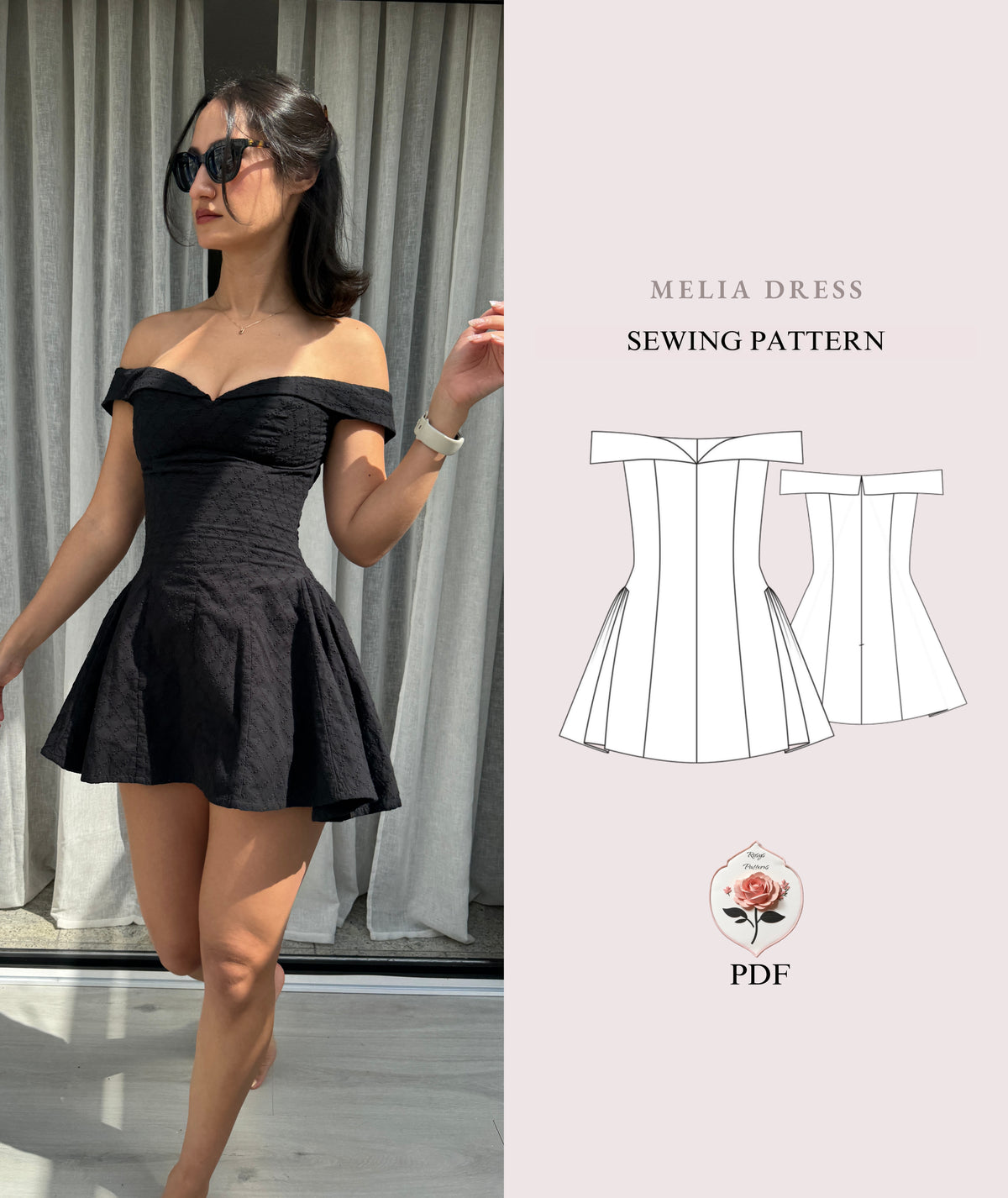 Off-Shoulder Mini Dress Sewing Pattern | Sizes XXS–2XL | Sweetheart Neckline Fit & Flare Dress | Instant PDF Download