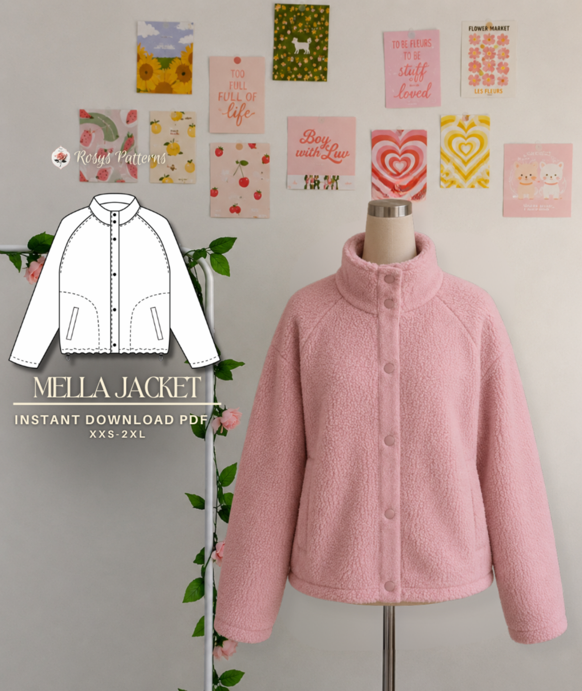 Mella Jacket | Sizes XXS–2XL | Beginner Snap-Button Fleece Jacket | Cozy Raglan Sleeve Outerwear | Instant PDF Download