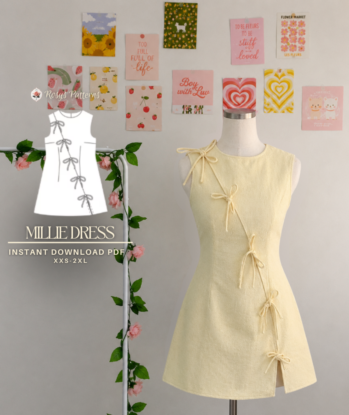 Millie Dress | Sleeveless Mini Dress Pattern with Bow Ties | Diagonal Front Seam | Beginner Friendly | Sizes XXS–2XL | Instant PDF Download