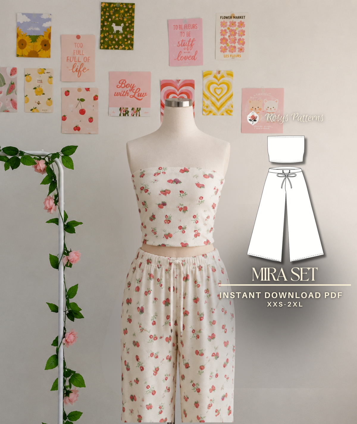 Womens Pajama Set Beginner PDF Sewing Pattern Wide Leg Pants and Strapless Top