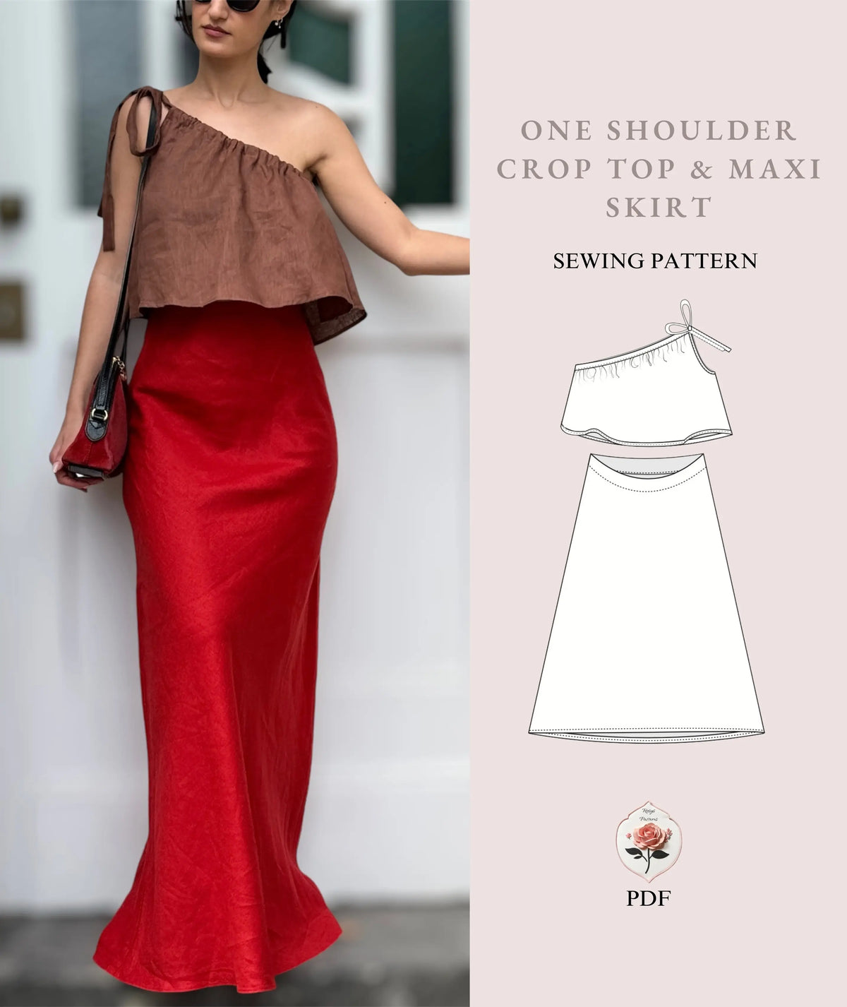 One Shoulder Crop Top and Maxi Skirt Beginner Sewing Pattern Rosys Patterns One Shoulder Crop Top and Maxi Skirt Beginner Sewing Pattern Rosys Patterns