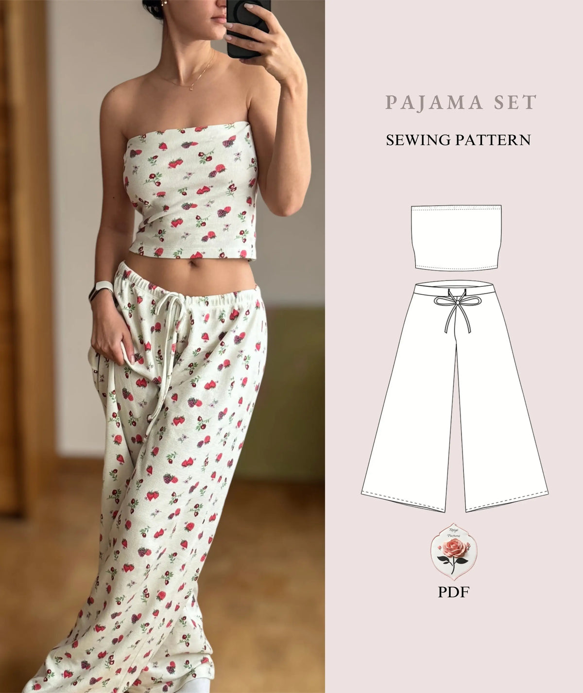 Female Pyjamas Pattern Womens Pajama Set Beginner PDF Sewing Pattern Wide Leg Pants and ...