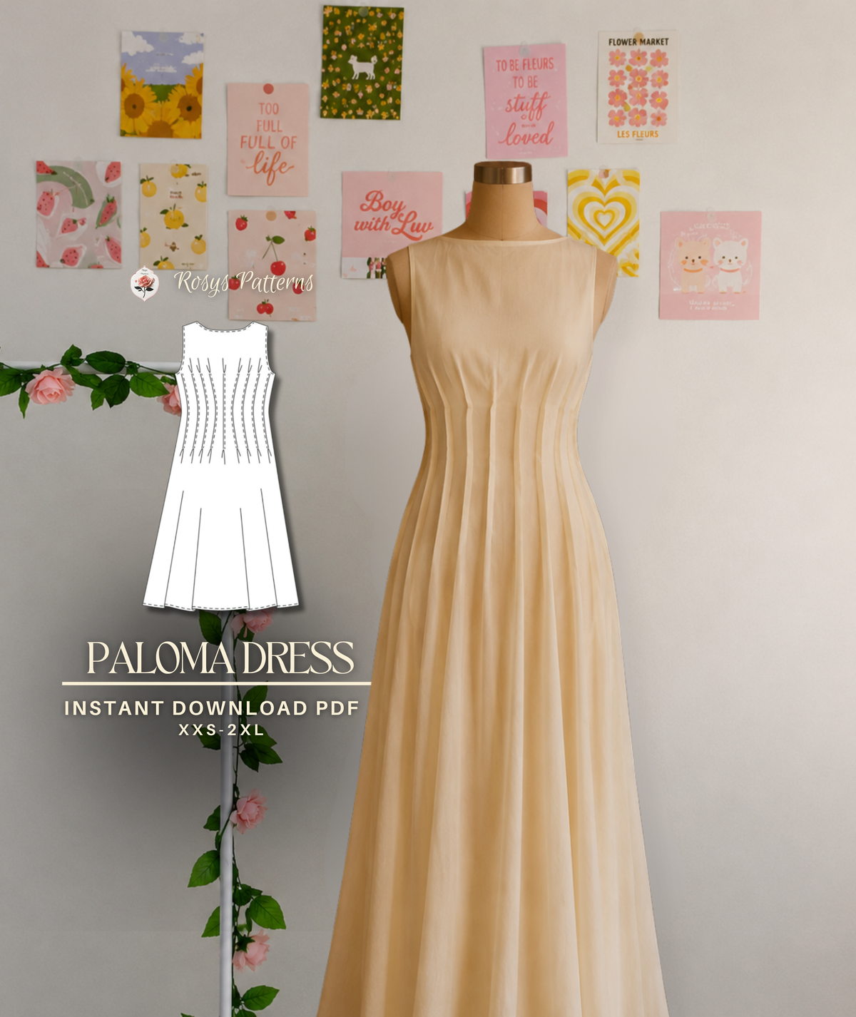 Paloma Dress Sewing Pattern | Maxi A-Line Dress Pattern | Pintuck Bodice Dress | Sleeveless Summer Dress | Sizes XXS–2XL | PDF Download