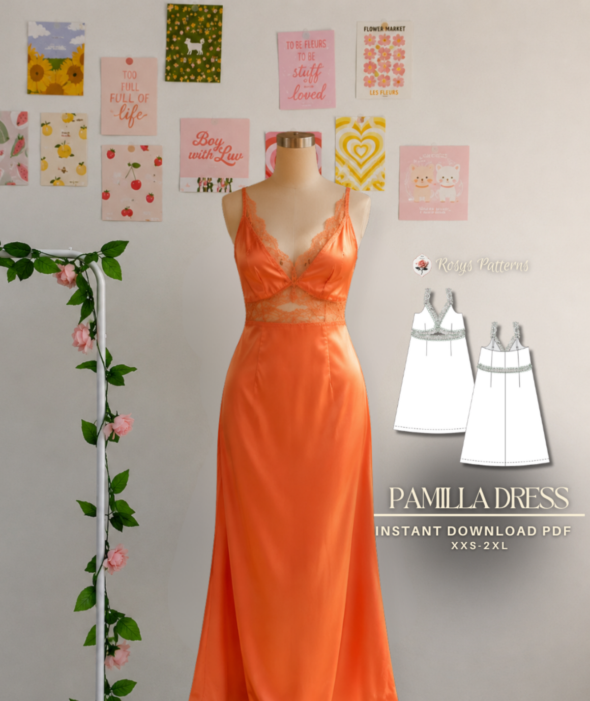 Lace Slip Dress Sewing Pattern | Sizes XXS–2XL | Satin Evening Dress with Lace Detail | Instant PDF Download