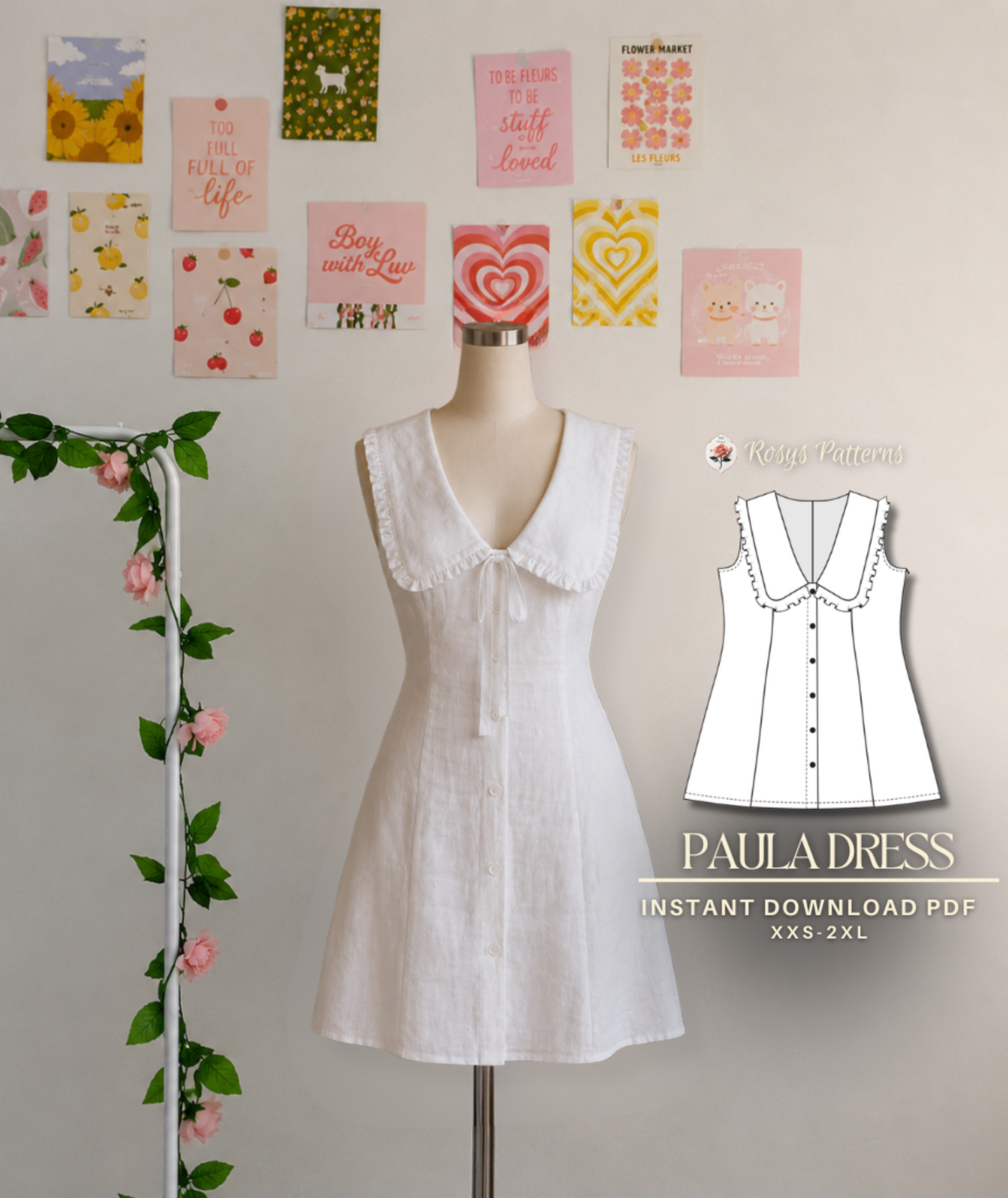 Peter Pan Collar Mini Dress PDF Sewing Pattern Babydoll