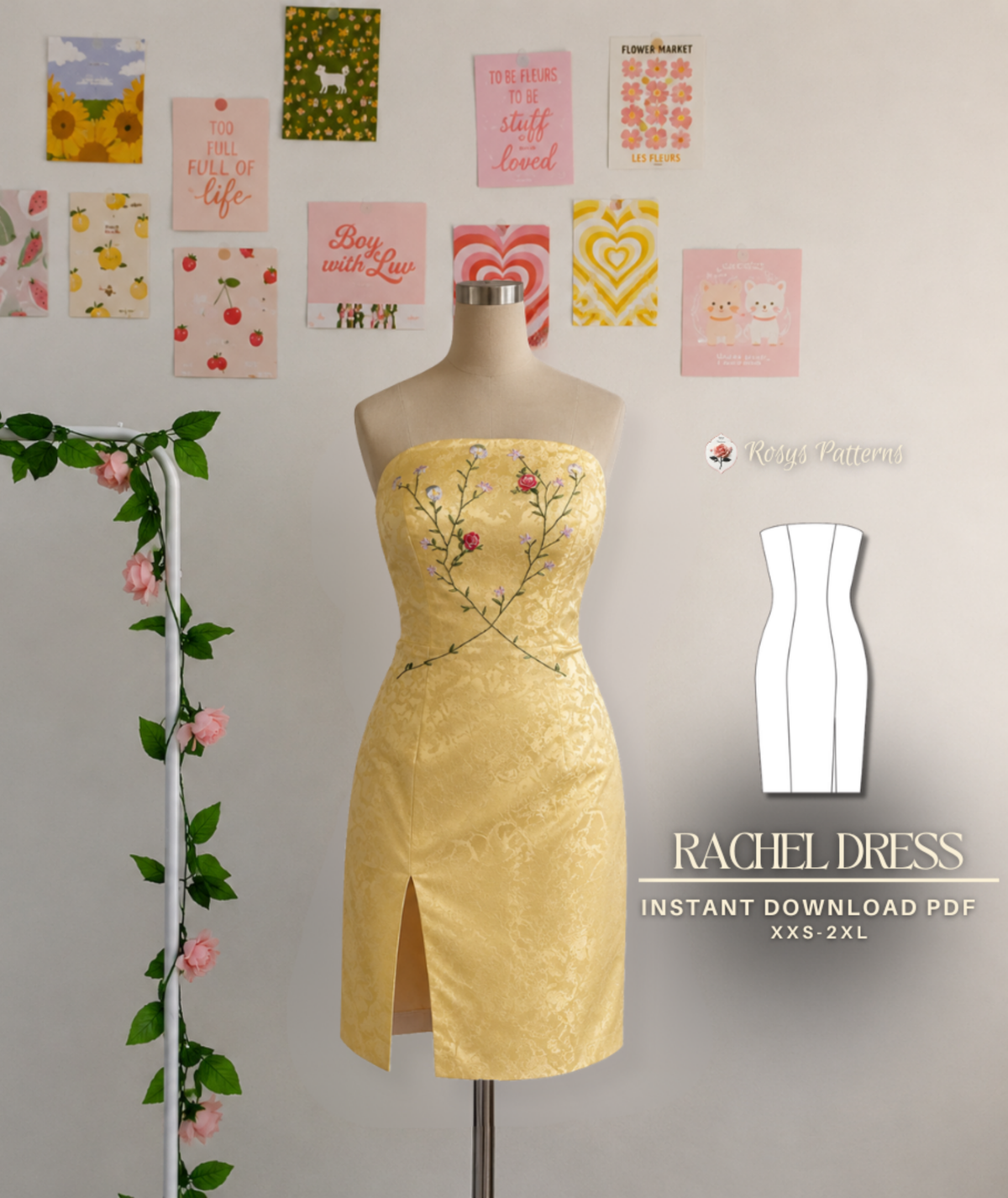 Rachel Green Yellow Strapless Dress Friends 90's Slit Dress Sewing Pattern PDF