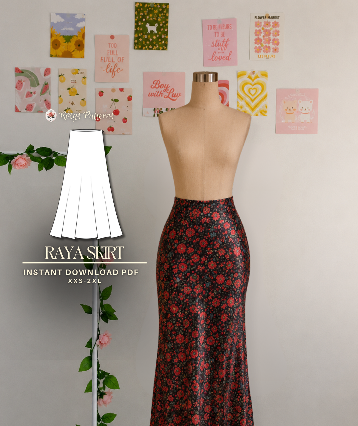 Raya Skirt Sewing Pattern | High Waisted A-Line Maxi Skirt Pattern | Invisible Zipper Skirt | Beginner Friendly | Sizes XXS–2XL | Instant PDF Download