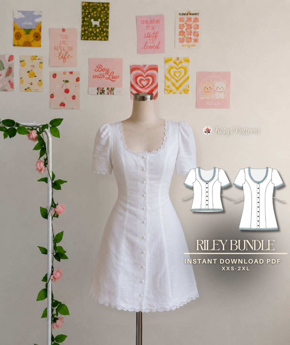 Riley Bundle | Vintage Inspired Top & Dress Pattern | Puff Sleeve Sweetheart Set | Sizes XXS–2XL | Easy Sewing Pattern | INSTANT DOWNLOAD