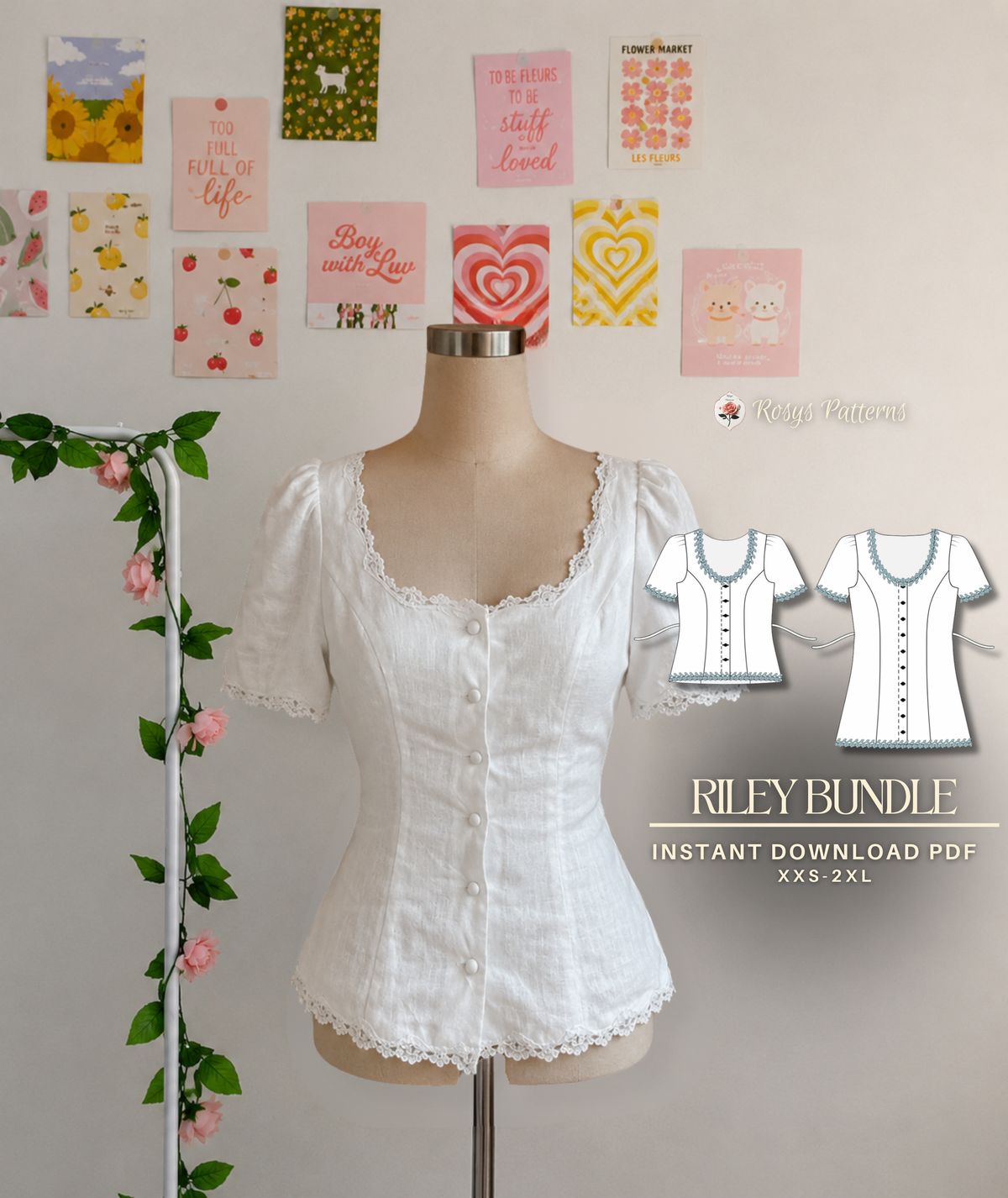 Riley Bundle | Vintage Inspired Top & Dress Pattern | Puff Sleeve Sweetheart Set | Sizes XXS–2XL | Easy Sewing Pattern | INSTANT DOWNLOAD