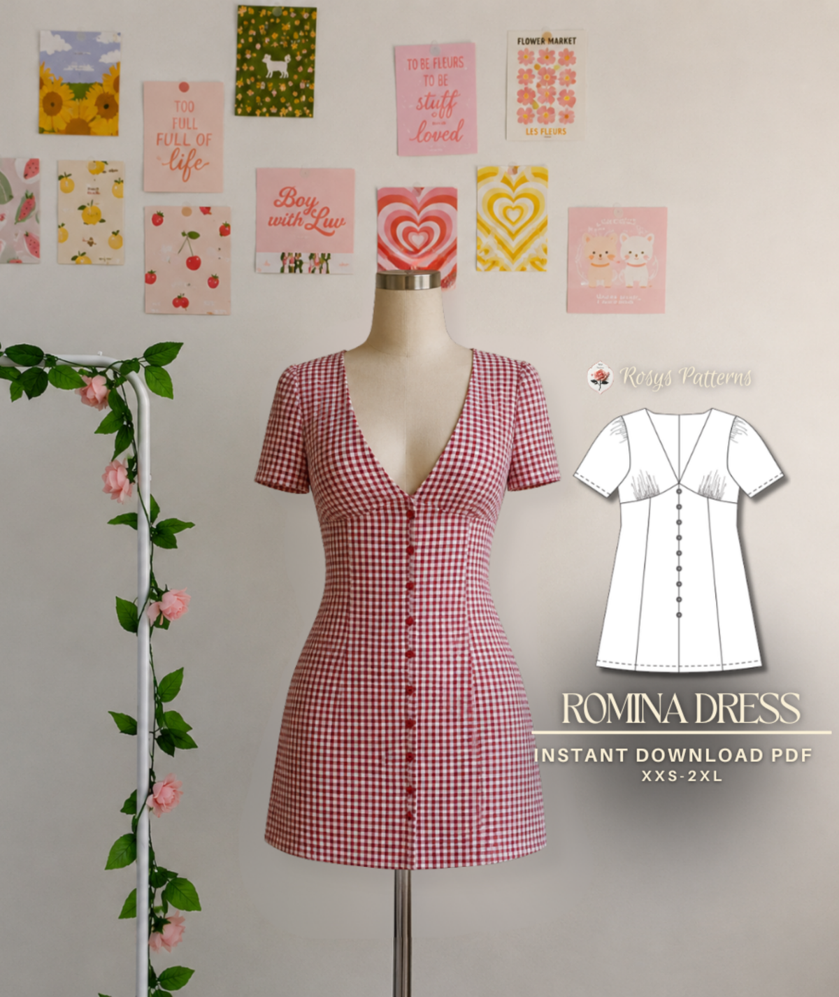 Romina Dress | V Neck Button Front Dress Pattern | Puff Sleeve A-Line Dress | Beginner Friendly | Sizes XXS–2XL | Instant PDF Download