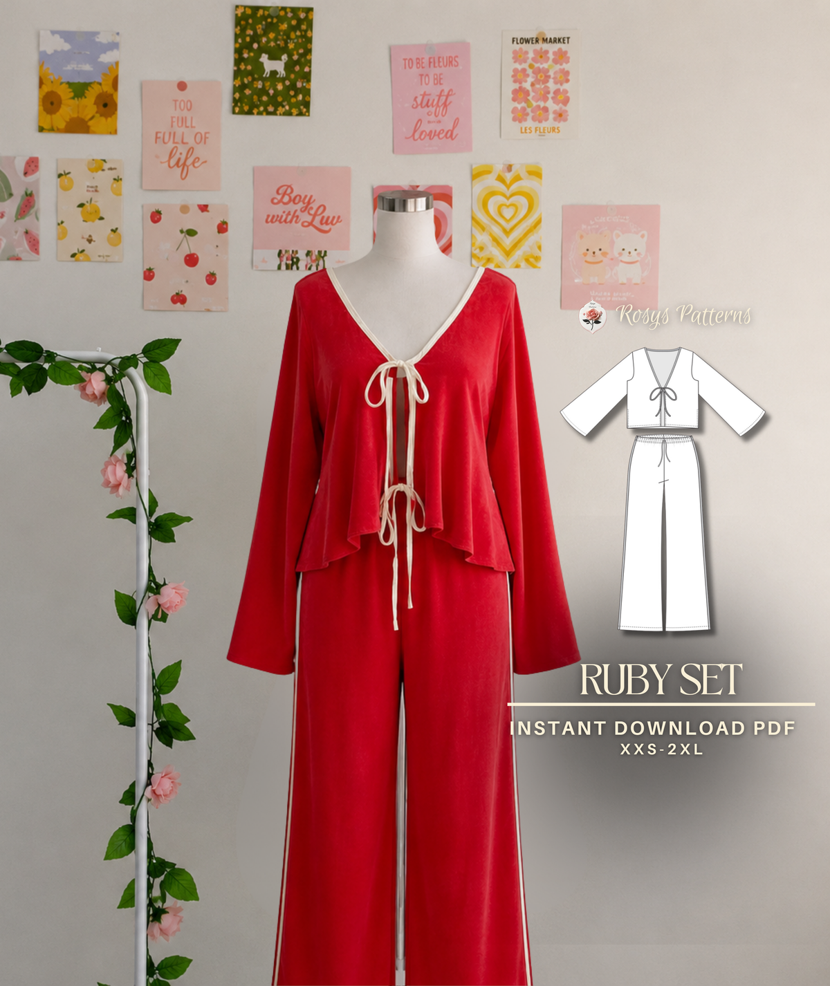Tie Front Shirt + Wide Leg Pants PDF Sewing Pattern Loungewear