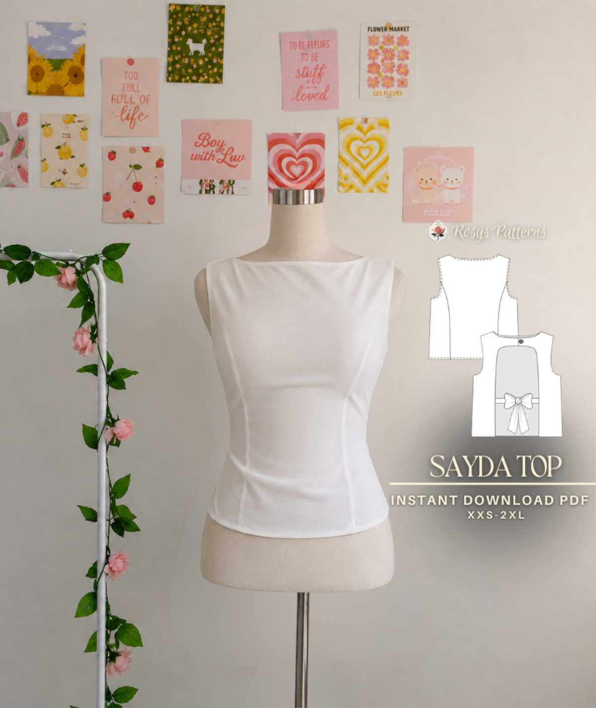 Sayda Top Sewing Pattern | Open Back Sleeveless Top Pattern | Princess Seam Blouse with Waist Ties | Beginner Friendly | Sizes XXS–2XL | Instant PDF Download
