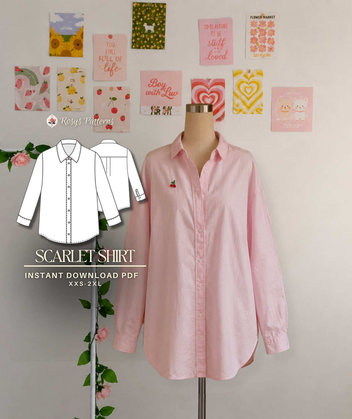 Scarlet Shirt Sewing Pattern | Classic Button-Up Shirt Pattern | Relaxed Fit Shirt with Collar & Cuffs | Beginner Friendly | Sizes XXS–2XL | Instant PDF Download