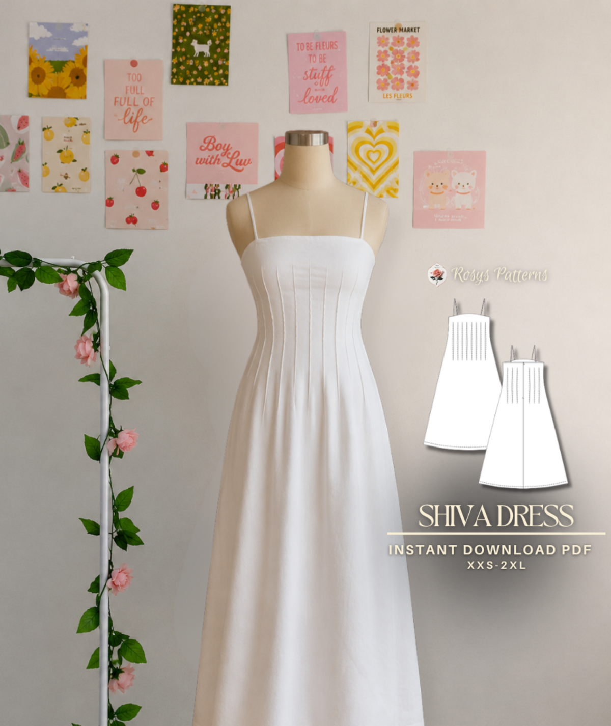 Shiva Dress | Corset Style A-Line Dress Pattern | Spaghetti Strap Maxi Dress | Beginner Friendly | Sizes XXS–2XL | Instant PDF Download