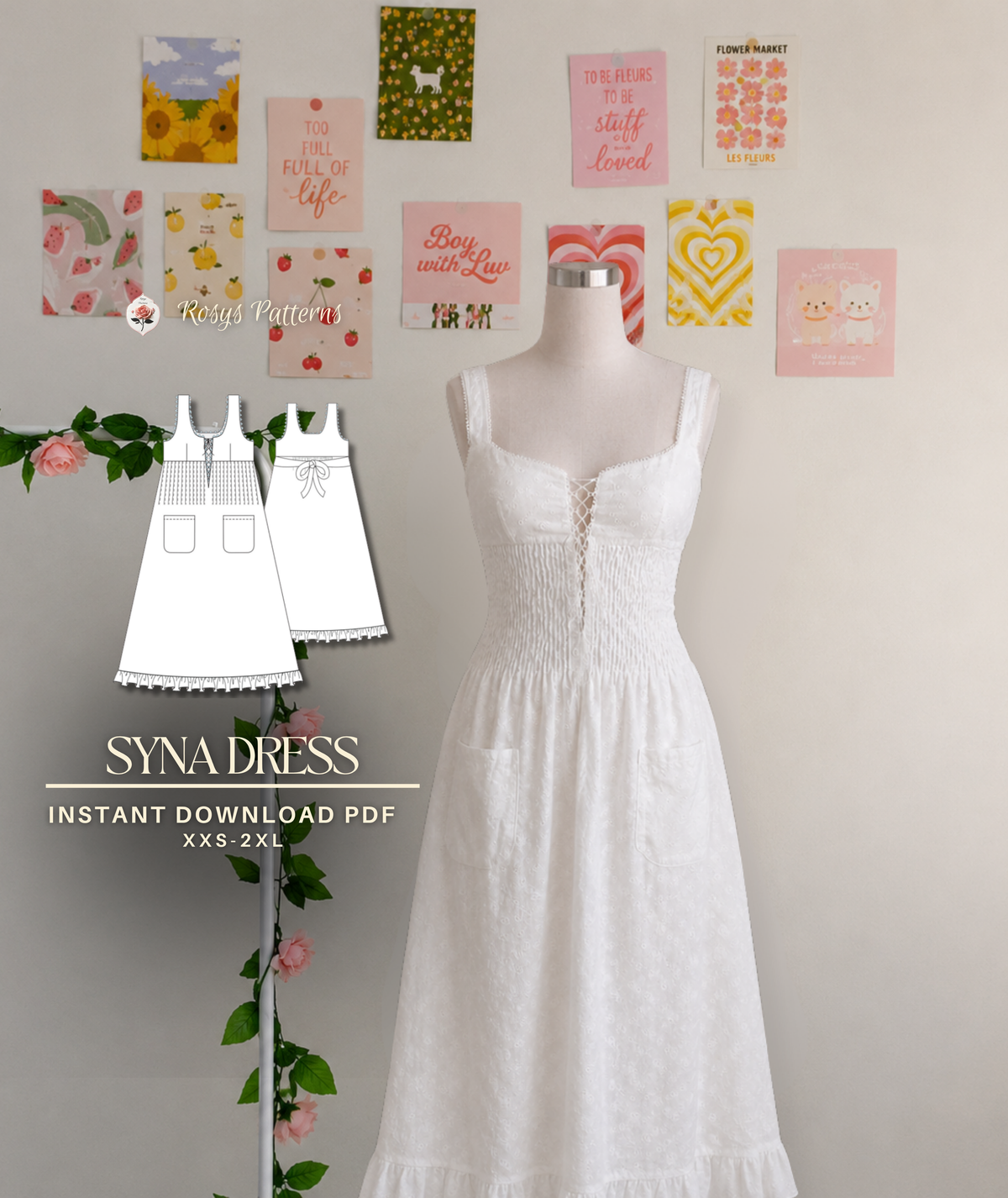 Shirred Tie-Front Dress Sewing Pattern | Sizes XXS–2XL | Beginner-Friendly Summer Dress | Instant PDF Download