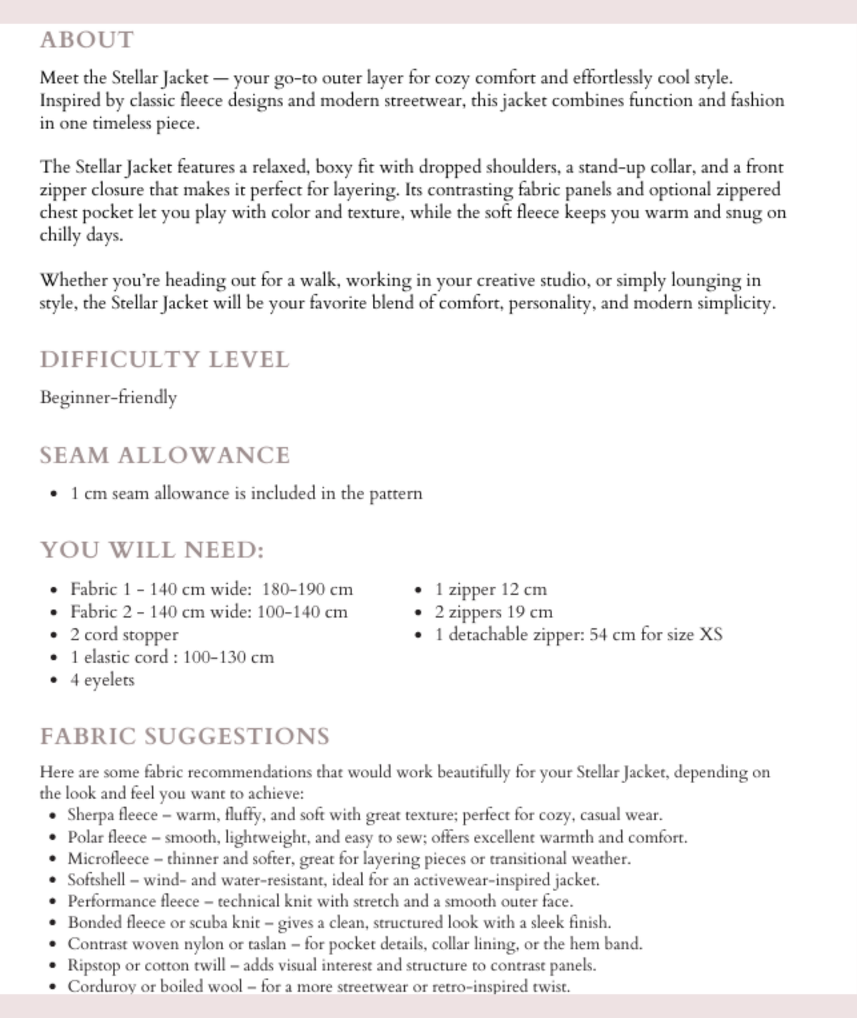 Stellar Fleece Jacket Sewing Pattern | Sizes XXS–2XL | Easy Zip-Up Jacket | Beginner-Friendly Outerwear | Instant PDF Download