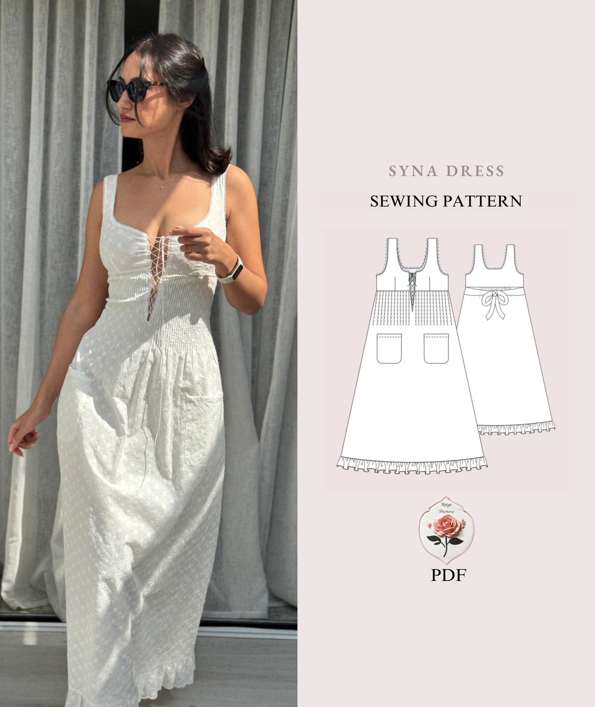 Shirred Tie-Front Dress Sewing Pattern | Sizes XXS–2XL | Beginner-Friendly Summer Dress | Instant PDF Download