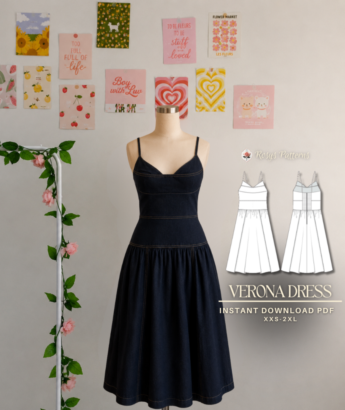 Verona Dress | Corset Style Midi Dress | Sweetheart Neck Panel Dress with Straps | Beginner Friendly | Sizes XXS–2XL | Instant PDF Download