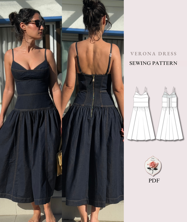 Verona Dress | Corset Style Midi Dress | Sweetheart Neck Panel Dress with Straps | Beginner Friendly | Sizes XXS–2XL | Instant PDF Download