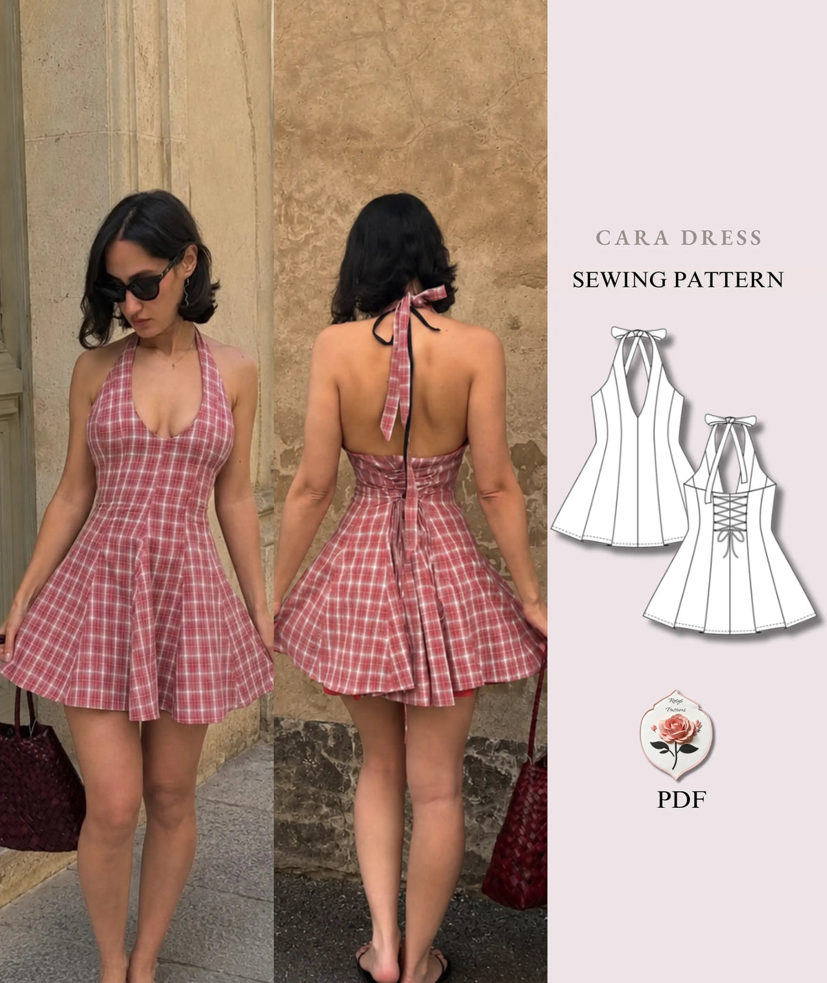 Cara Dress | Halter Mini Dress Pattern | Open Back Corset Tie Dress | Beginner Friendly | Sizes XXS–2XL | Instant PDF Download