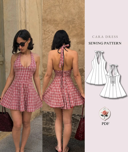 Cara Dress | Halter Mini Dress Pattern | Open Back Corset Tie Dress | Beginner Friendly | Sizes XXS–2XL | Instant PDF Download
