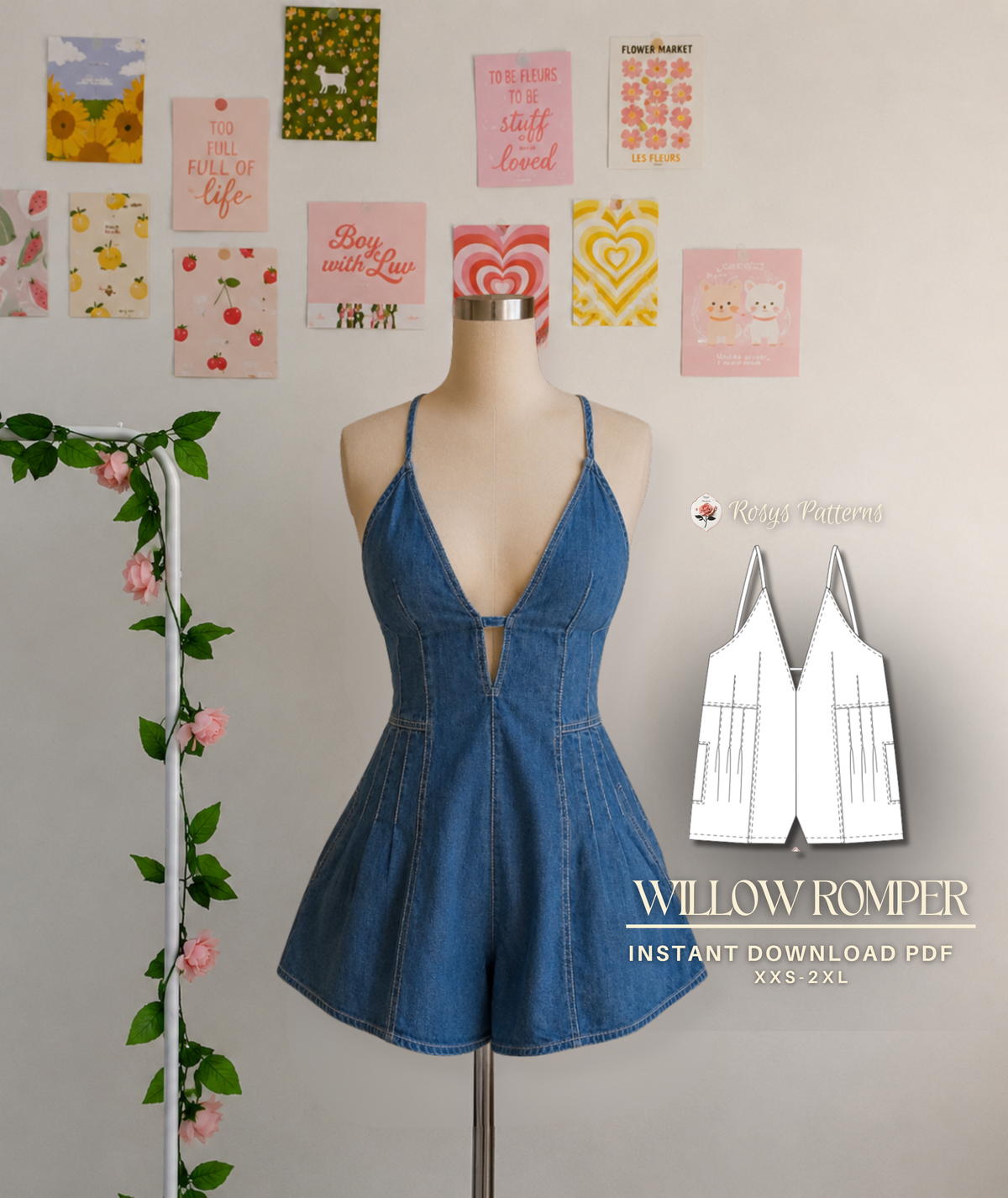 Willow Romper Sewing Pattern | Deep V Neck Romper Pattern | Fitted Pleated Bodice Playsuit | Beginner Friendly | Sizes XXS–2XL | Instant PDF Download