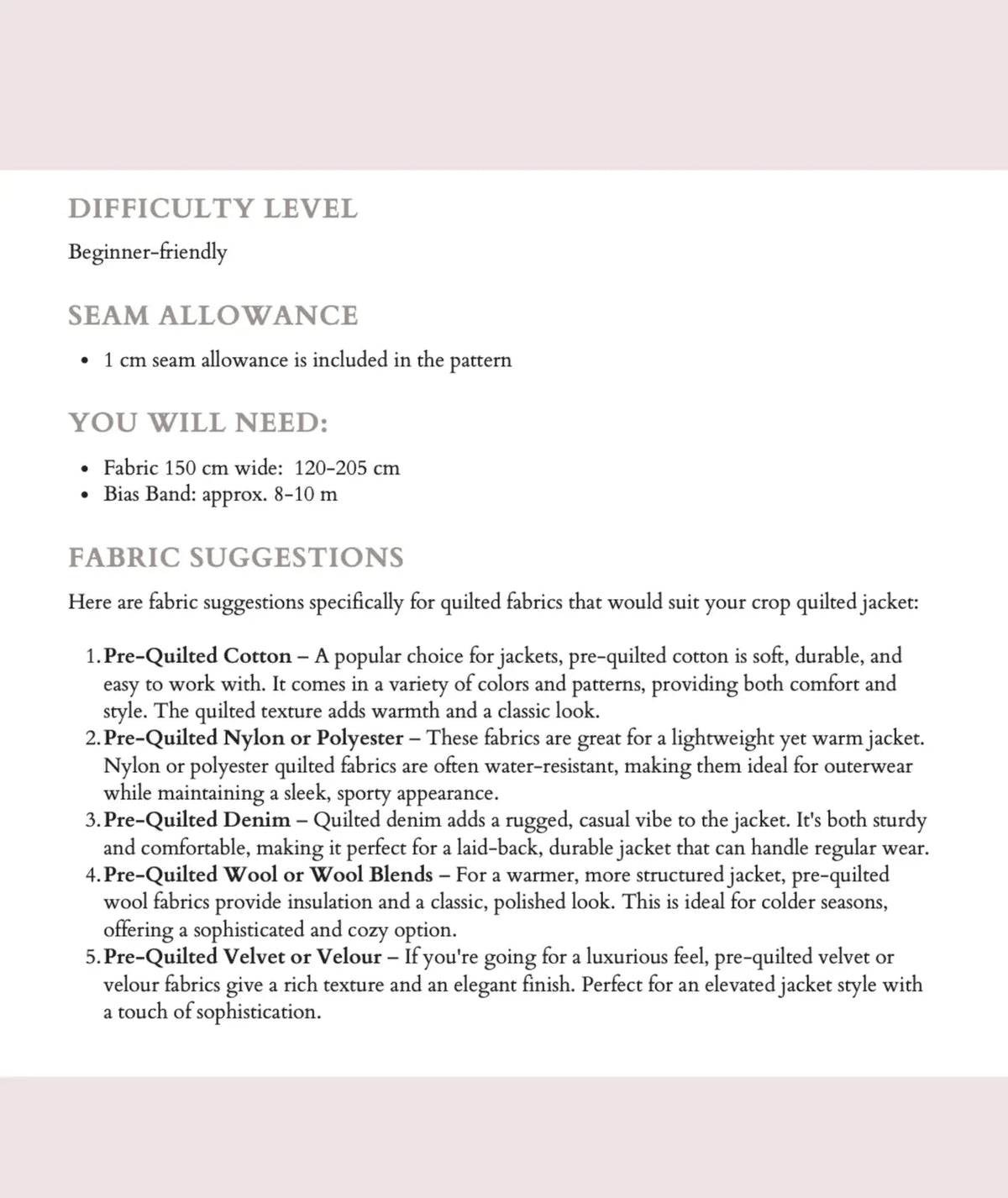 Crop Quilted Jacket Sewing Pattern Beginner Friendly PDF